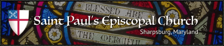 Stained glass background with "Saint Paul's Episcopal Church" and location "Sharpsburg, Maryland" text overlay; features Episcopal Church shield emblem.