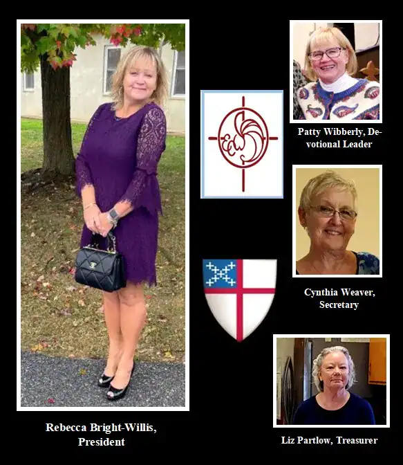 Collage features four people with titles: President, Secretary, Devotional Leader, Treasurer. Includes Episcopal shield and emblem on a black background.